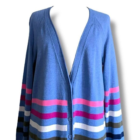 Talbots Womens Girlfriend Cardigan Plus Sz X 12 Blue Stripe Preppy V-neck - Picture 4 of 7